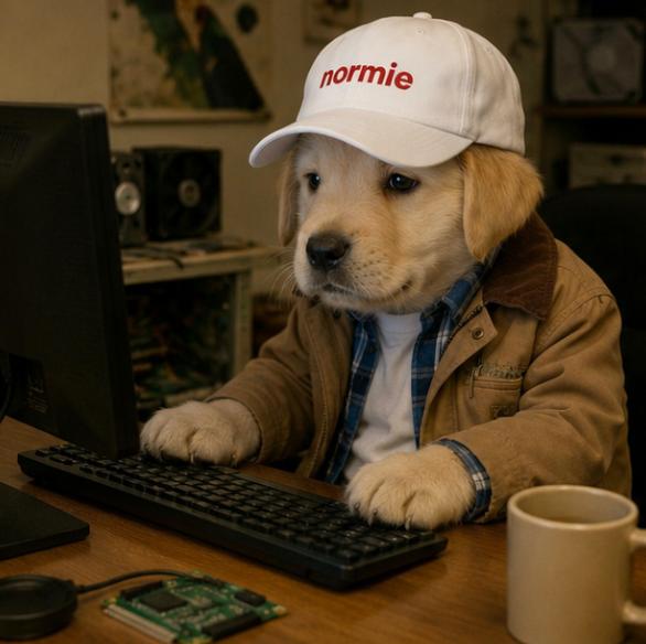 NORMIE dog at a desktop computer with a keyboard and coffee mug