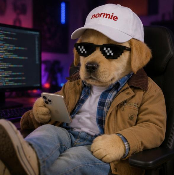 NORMIE dog wearing pixel sunglasses and holding a phone near code screens