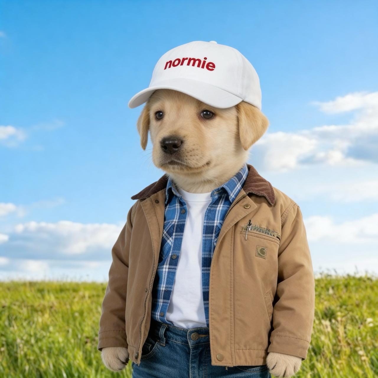 NORMIE dog wearing a white normie cap in a sunny field
