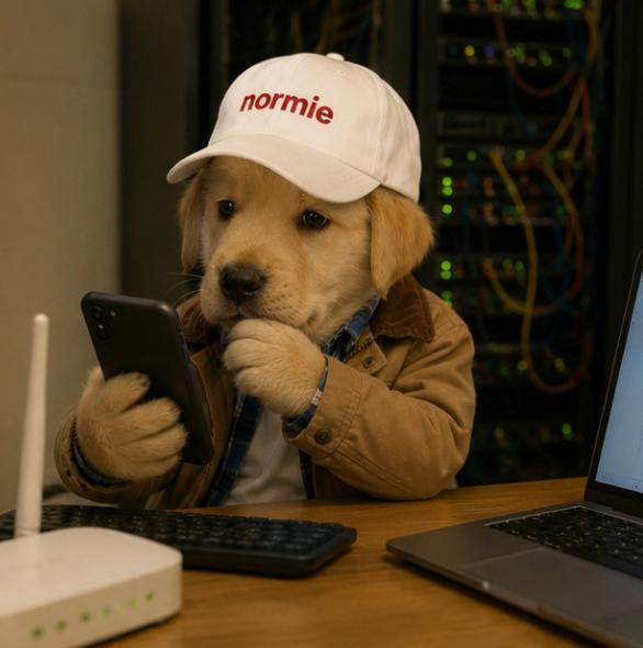 NORMIE dog looking at a phone near a router and server rack